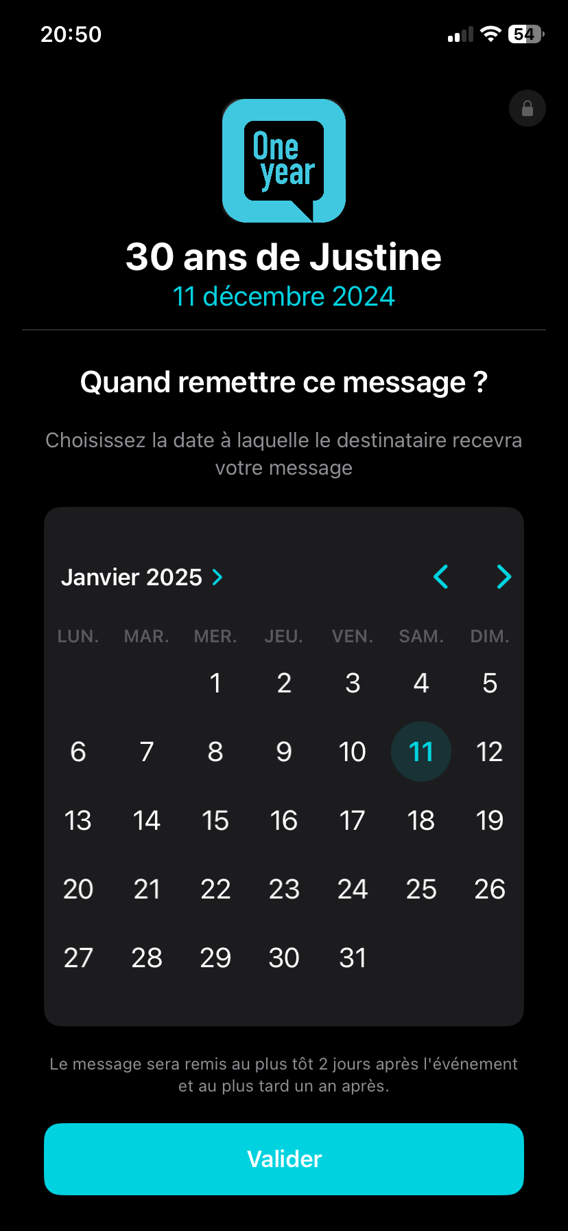 Capture d'écran Oneyear - Nouveau message